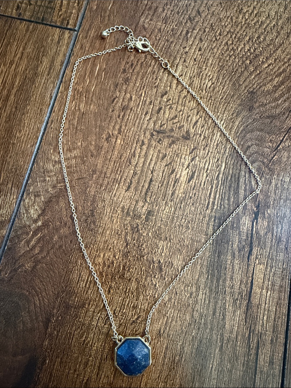 Discovery Gold-Tone Necklace with Dark Blue Octagon Pendant